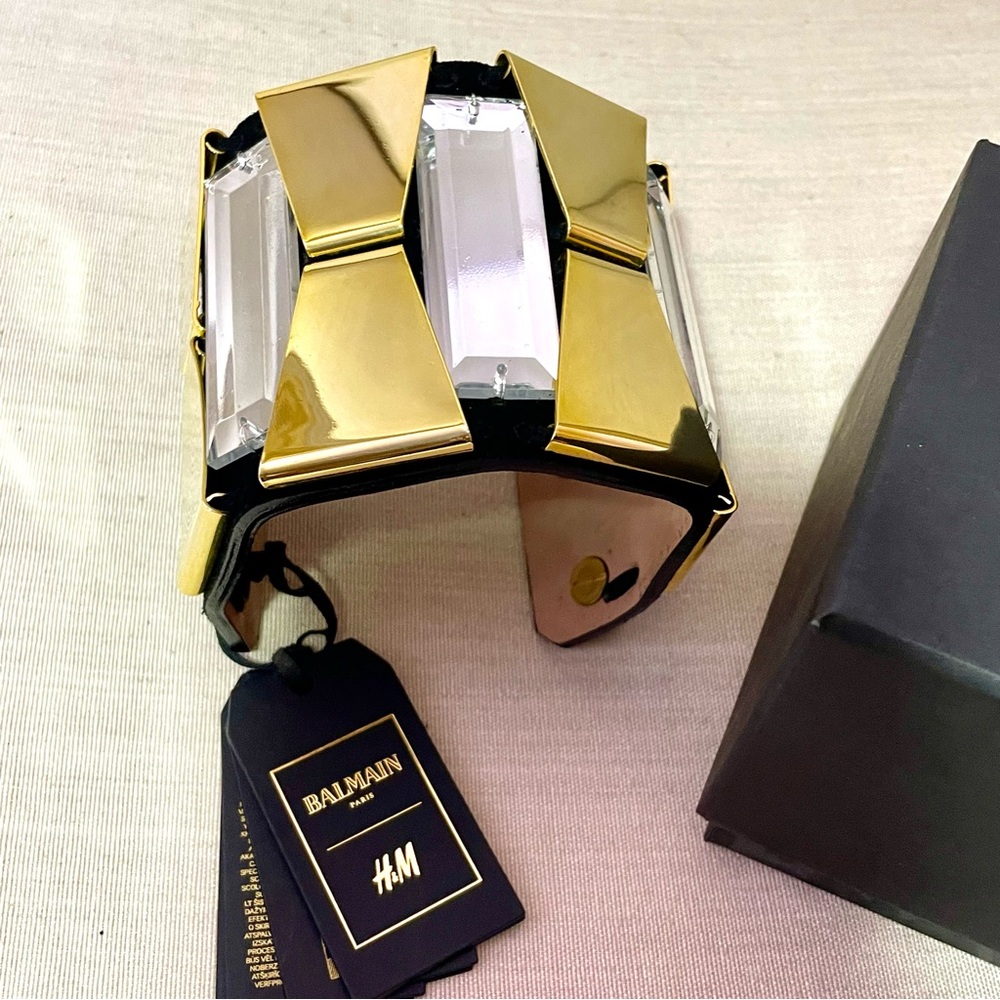 🖤 Balmain X H&M leather statement bracelet mirror gold tone suede rhinestone - Picture 2 of 13